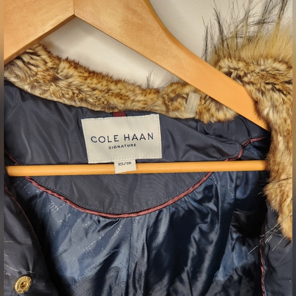 Cole Haan Navy Puffer Jacket with Fur Trim - Picture 14 of 16